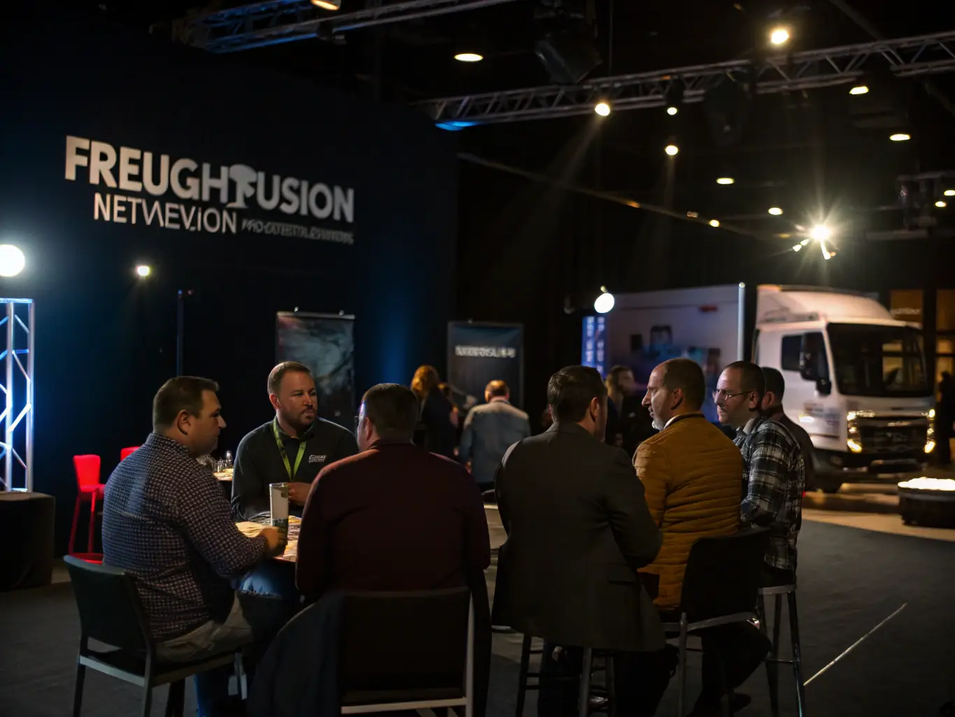 FreightFusion networking event with truckers and logistics professionals engaged in discussions.