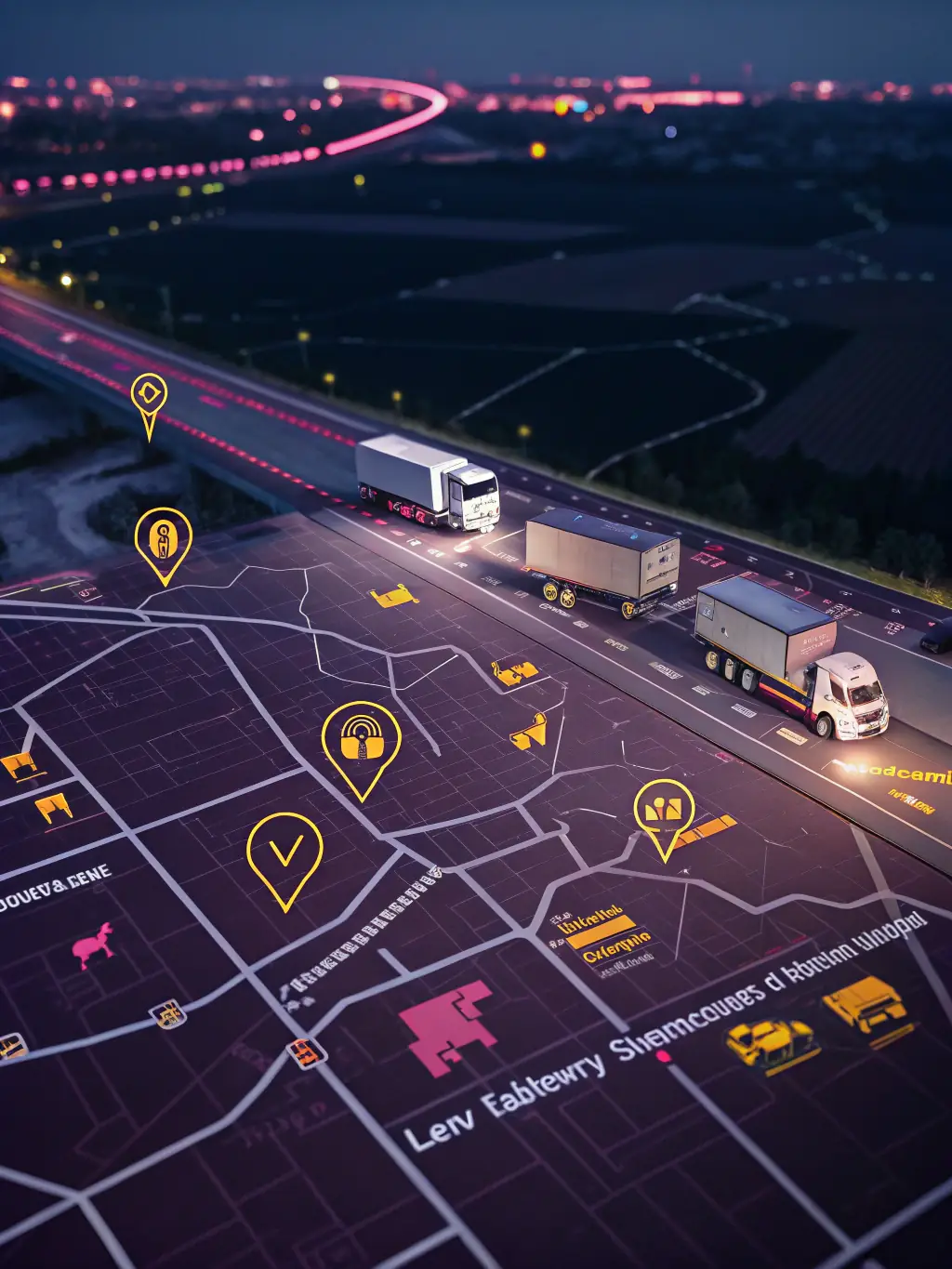 An illustration of logistics planning with a digital map and highlighted routes.