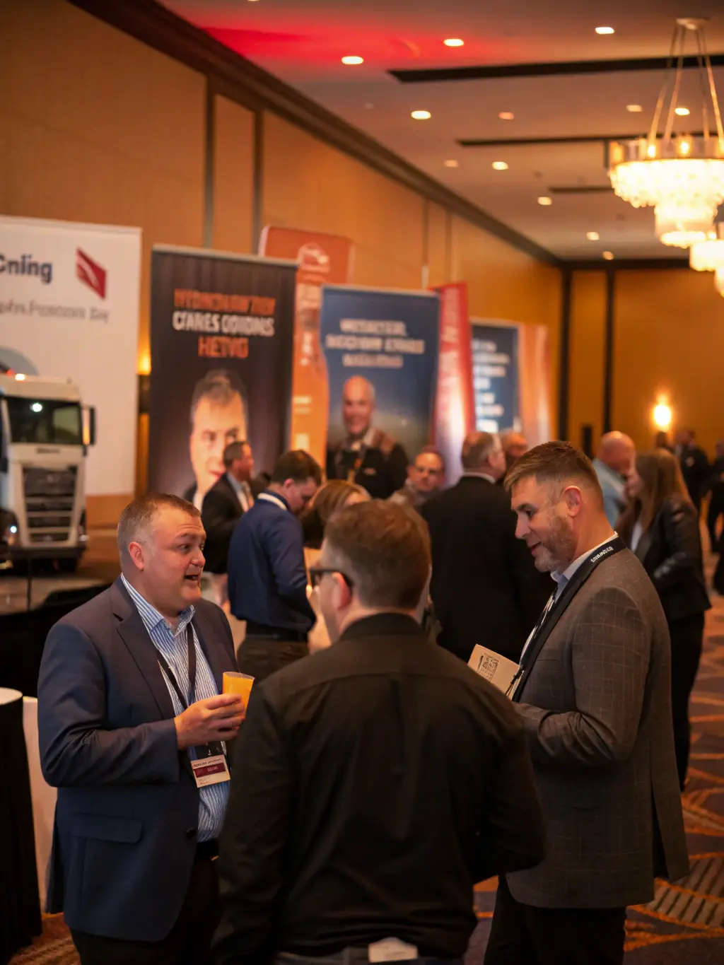 Networking event with truckers and logistics professionals engaging in discussions.