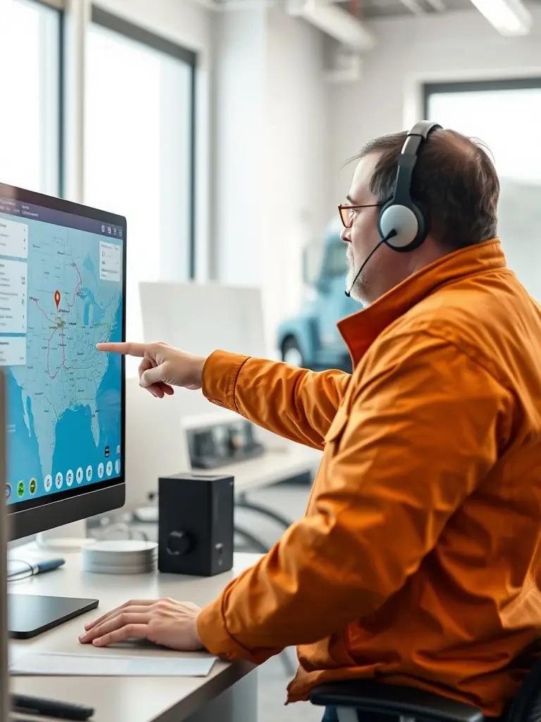 FreightFusion logistics support team member assisting a trucker with route planning.