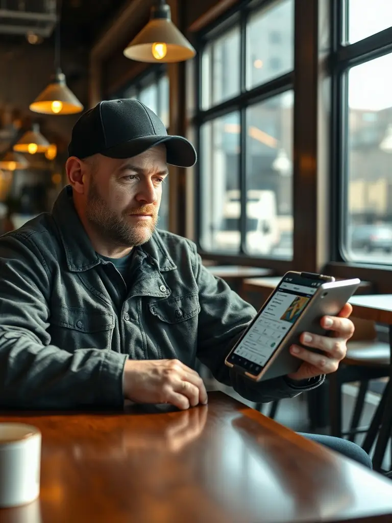 A trucker using a FreightFusion app on a tablet in a café.