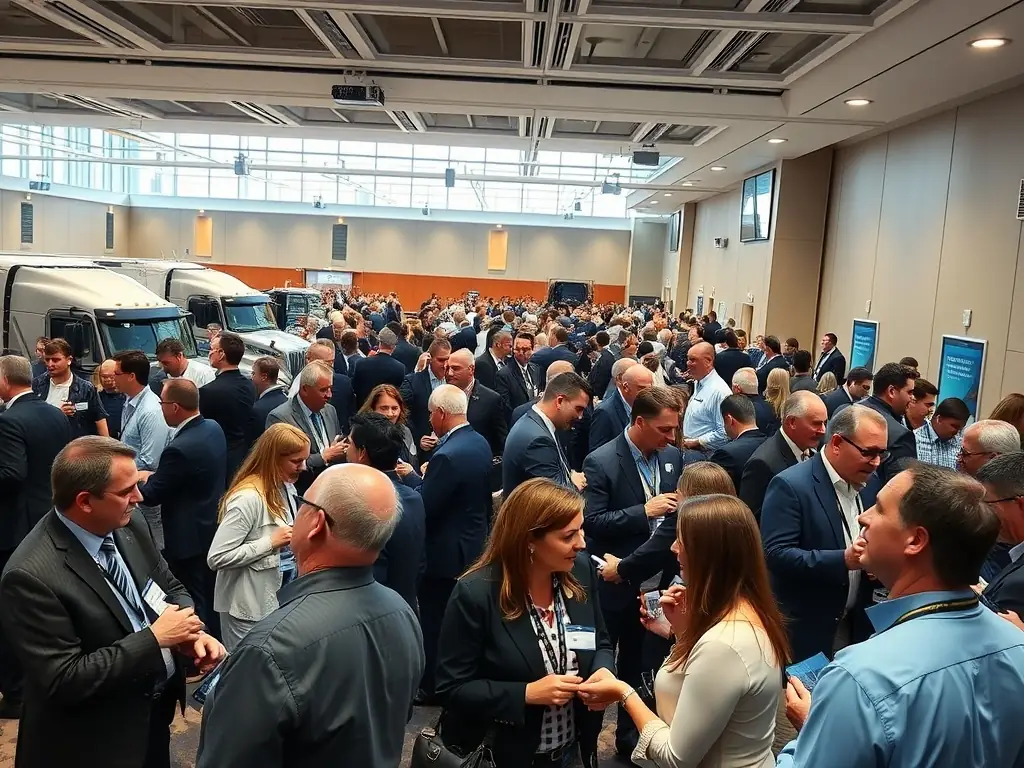 Networking event with truckers and logistics professionals exchanging ideas in a modern conference hall.